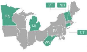 map of Northeast US states shwoing MN, MI, WV, CT, VT, and NH involvement.