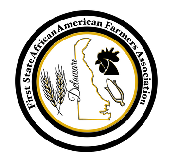 Logo - First State African American Farmers Association - features an outline of state of Delaware, wheat, corn, and rooster.