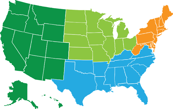 Map of the U.S. delineated by region with different colors. Northeast is orange, South is blue, West is dark green, North Central is light green.