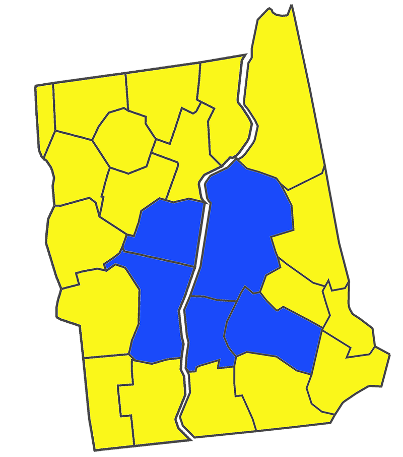 county-level maps of New Hampshire and Vermont, with the Upper Valley counties highlighted in blue